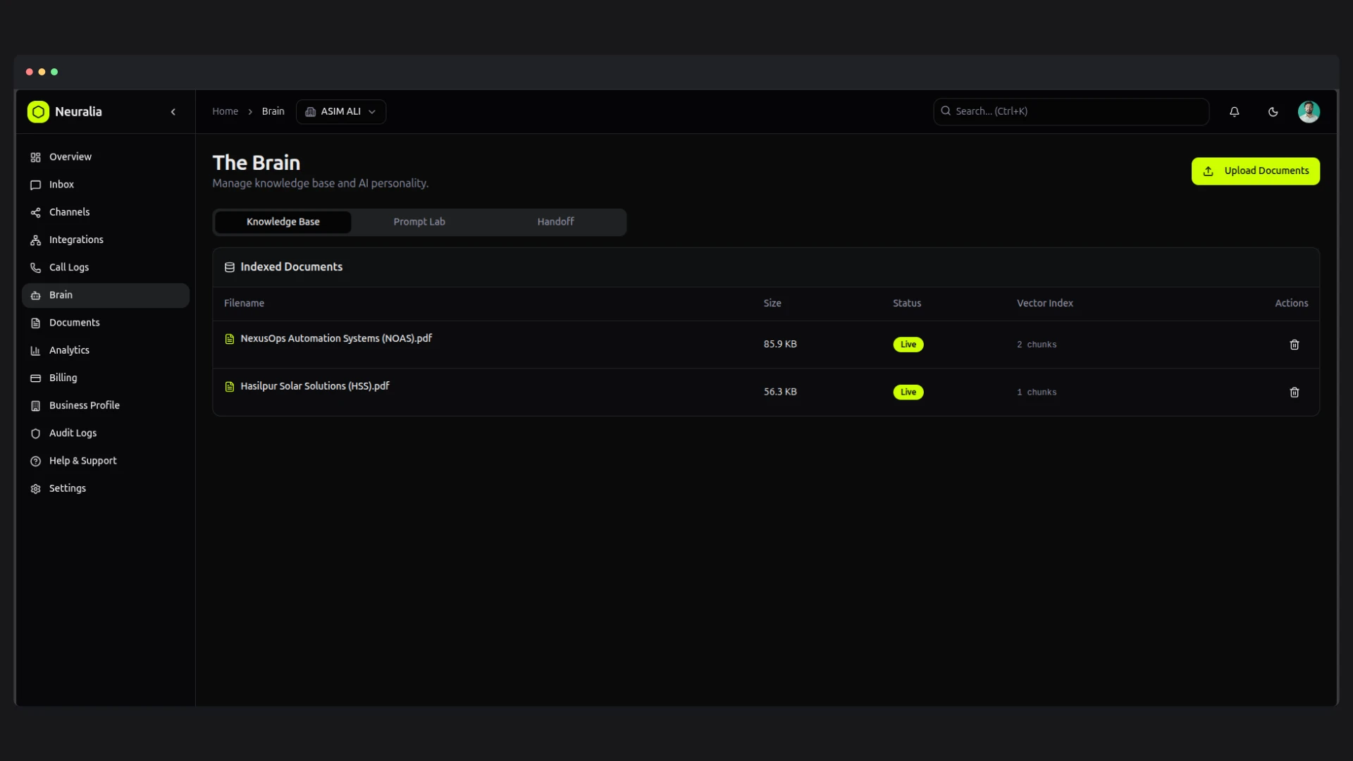 AI Assistant Platform — The Brain is the retrieval layer. Uploaded documents are listed with their size and indexing state, so a file that has not been embedded yet is visible as such rather than silently answering from nothing.
